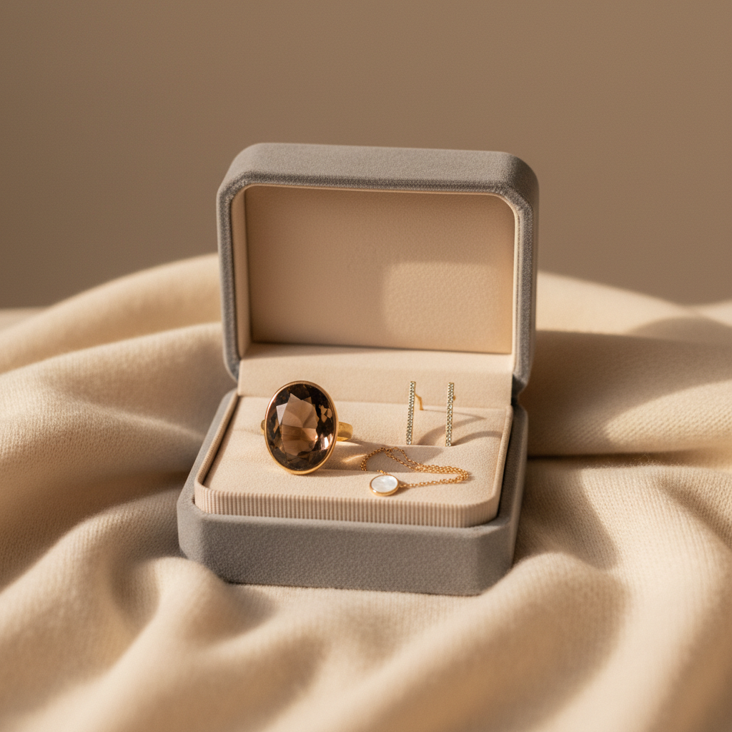 An open velvet jewelry box in a muted dove-gray tone, its interior lined with plush, pale champagne fabric, resting on a soft, cream-colored cashmere throw. Inside, a curated selection of semijoias: a statement ring with an oval, smoky quartz-like stone, a pair of bar-shaped ear climbers with tiny pavé crystals, and a fine chain bracelet with a discreet charm. The background shows only gentle folds of the cashmere and the hint of a neutral wall, softly out of focus. Warm, diffused side lighting creates a luxurious glow, with subtle shadows deepening the folds of fabric. Captured from a slightly elevated, close-up perspective, the composition is centered yet airy. The atmosphere is intimate, indulgent, and quietly luxurious, in a clean, photographic realism with a muted, sophisticated palette.