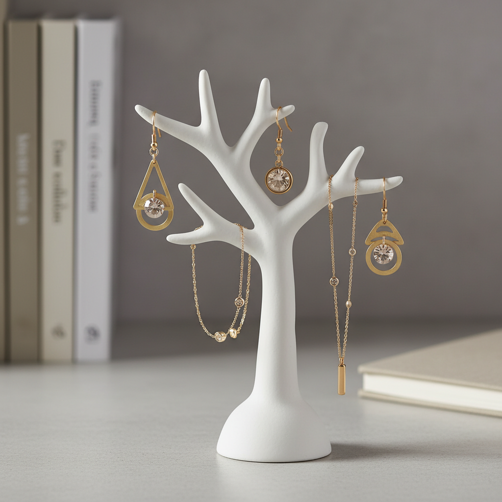 A minimalist jewelry stand in matte white ceramic shaped like a slender tree branch, holding several coordinated semijoias in soft yellow gold and light champagne stones. A pair of dangling earrings with geometric shapes hangs neatly, alongside a thin chain bracelet and a delicate layered necklace. The stand is positioned on a smooth, light-gray concrete surface near a blurred background of neutral-toned books and a closed, beige notebook. Soft studio lighting from above and slightly behind creates subtle gradients on the ceramic and gentle highlights along the edges of the metal. Shot with a shallow depth of field and rule-of-thirds composition, the mood is modern, organized, and sophisticated, emphasizing texture and refined detail in a photographic, minimalist style.