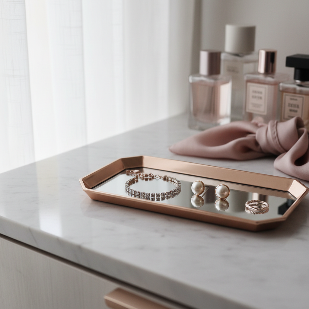 A refined vanity scene featuring a mirrored jewelry tray in brushed rose gold resting on a pale stone countertop. On the tray, several semijoias are carefully placed: a dainty tennis bracelet with tiny crystals, a pair of small stud earrings with pearl-like cabochons, and a slim, twisted band ring. In the softly blurred background, neutral-toned perfume bottles and a folded silk scarf in dusty rose add subtle texture. Gentle morning window light filters through sheer curtains, creating soft gradients and delicate reflections on the metal surfaces. Captured at eye level with asymmetric framing, the image feels intimate yet uncluttered. The overall atmosphere is feminine, elegant, and serene, rendered in clean photographic realism with a muted, sophisticated color palette.